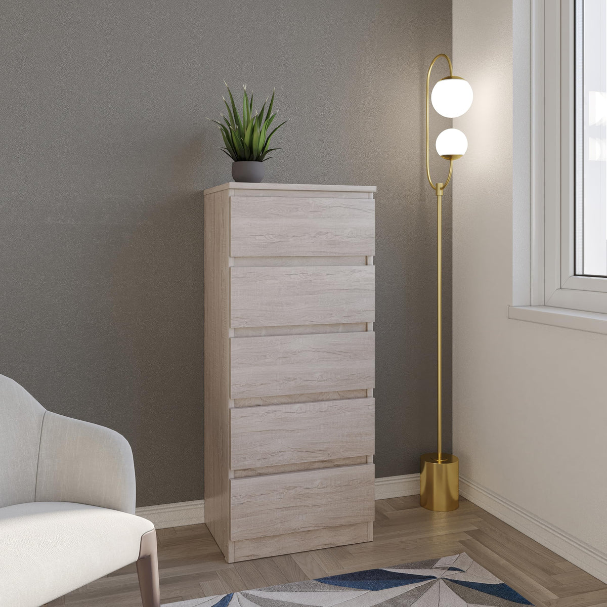 Seconique Malvern 5 Drawer Narrow Chest in Urban Snow