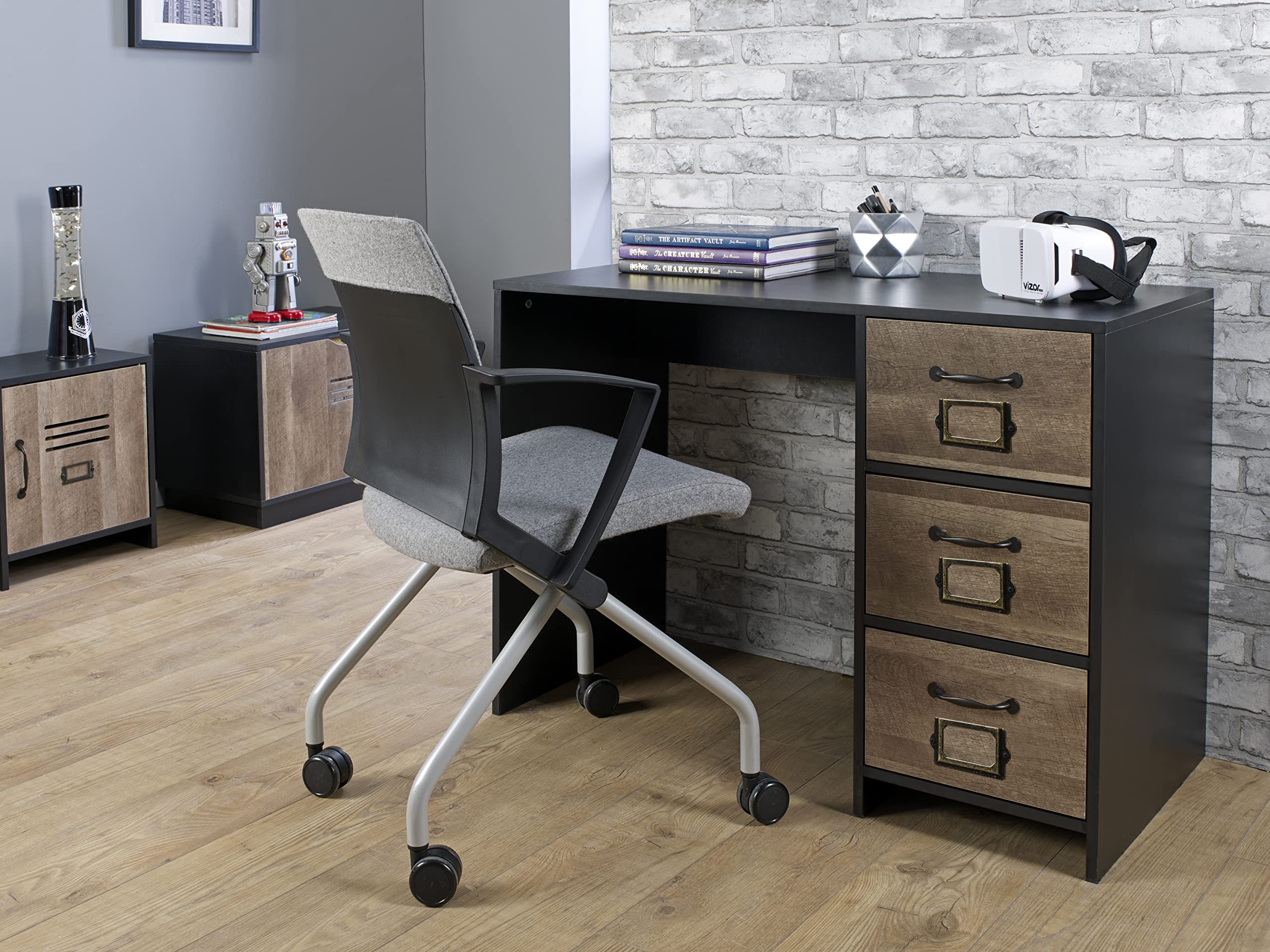House & Homestyle Cambridge Black & Wood Effect 3 Drawer Office Desk - Retro Locker Design