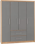 Furniture 321 Seville 4 Door 2 Drawer Wardrobe Grey High Gloss, Light Oak Effect Veneer (No Delivery To Flats)