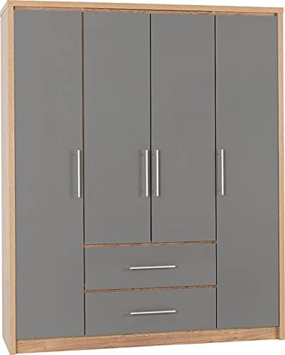 Furniture 321 Seville 4 Door 2 Drawer Wardrobe Grey High Gloss, Light Oak Effect Veneer (No Delivery To Flats)