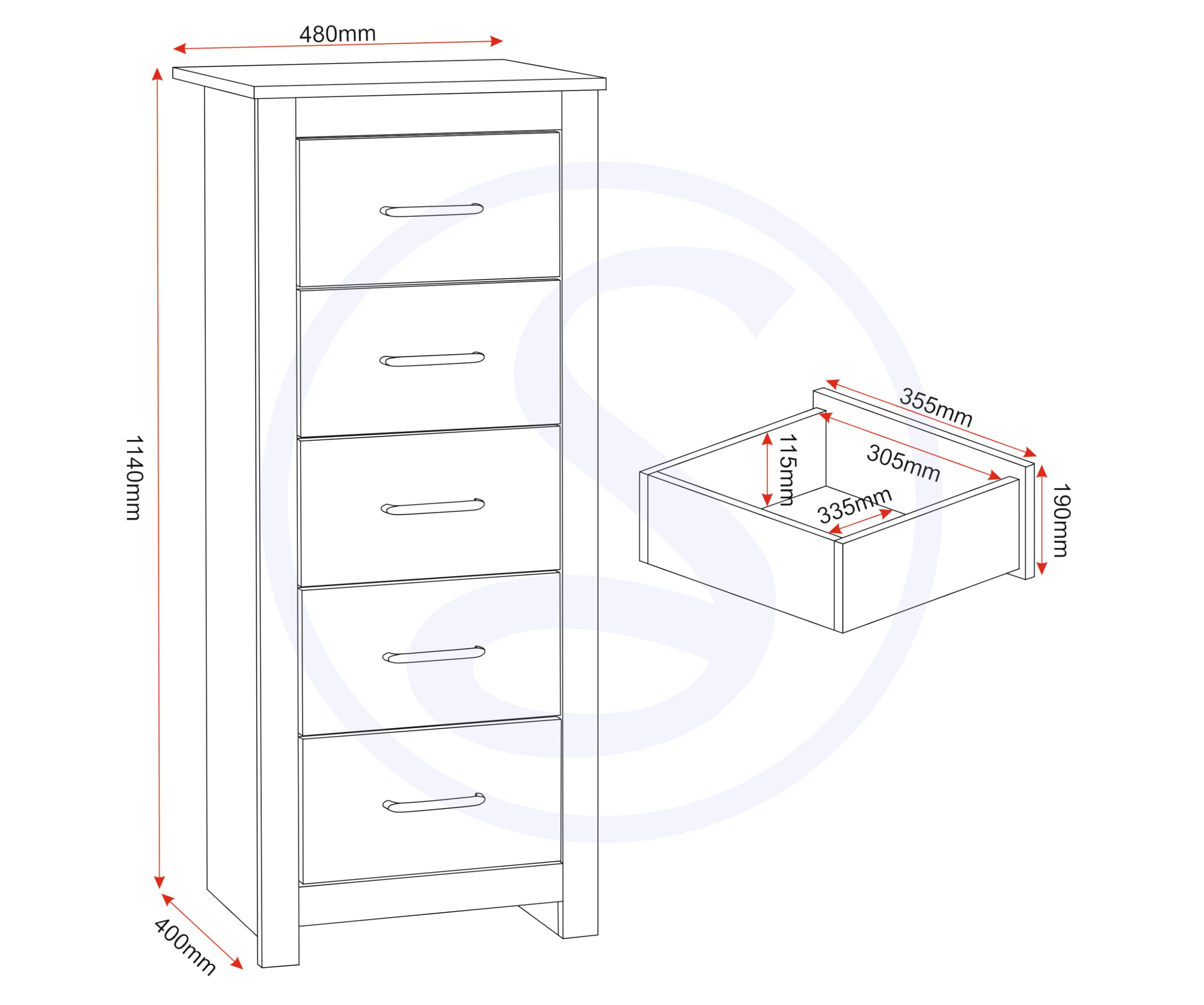 Seconique Portland 5 Drawer Narrow Chest