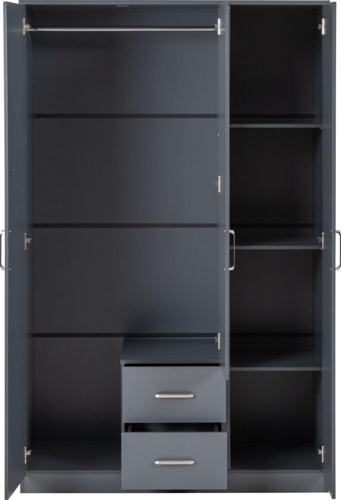 Furniture 321 Dakota 3 Door 2 Drawer Mirrored Wardrobe with Hanging Rail | Dark Grey & White | Bedroom Storage