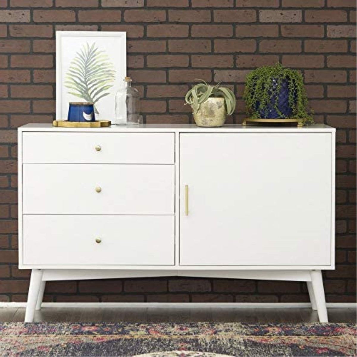 Walker Edison WE Furniture Mid-Century TV Stand, 3 Drawer Storage Cabinet Hall Table Furniture, White