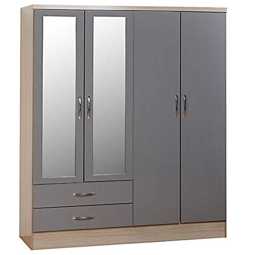 Xpress Delivery Nevada 4 Door 2 Drawer Wardrobe in Grey Gloss and Light Oak Effect Veneer