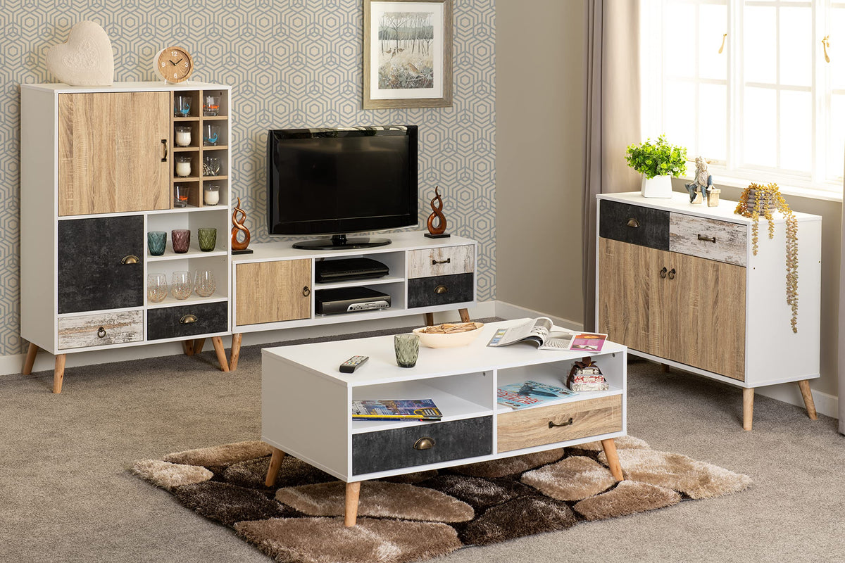 Seconique Nordic 2 Drawer Coffee Table in White/Distressed Effect