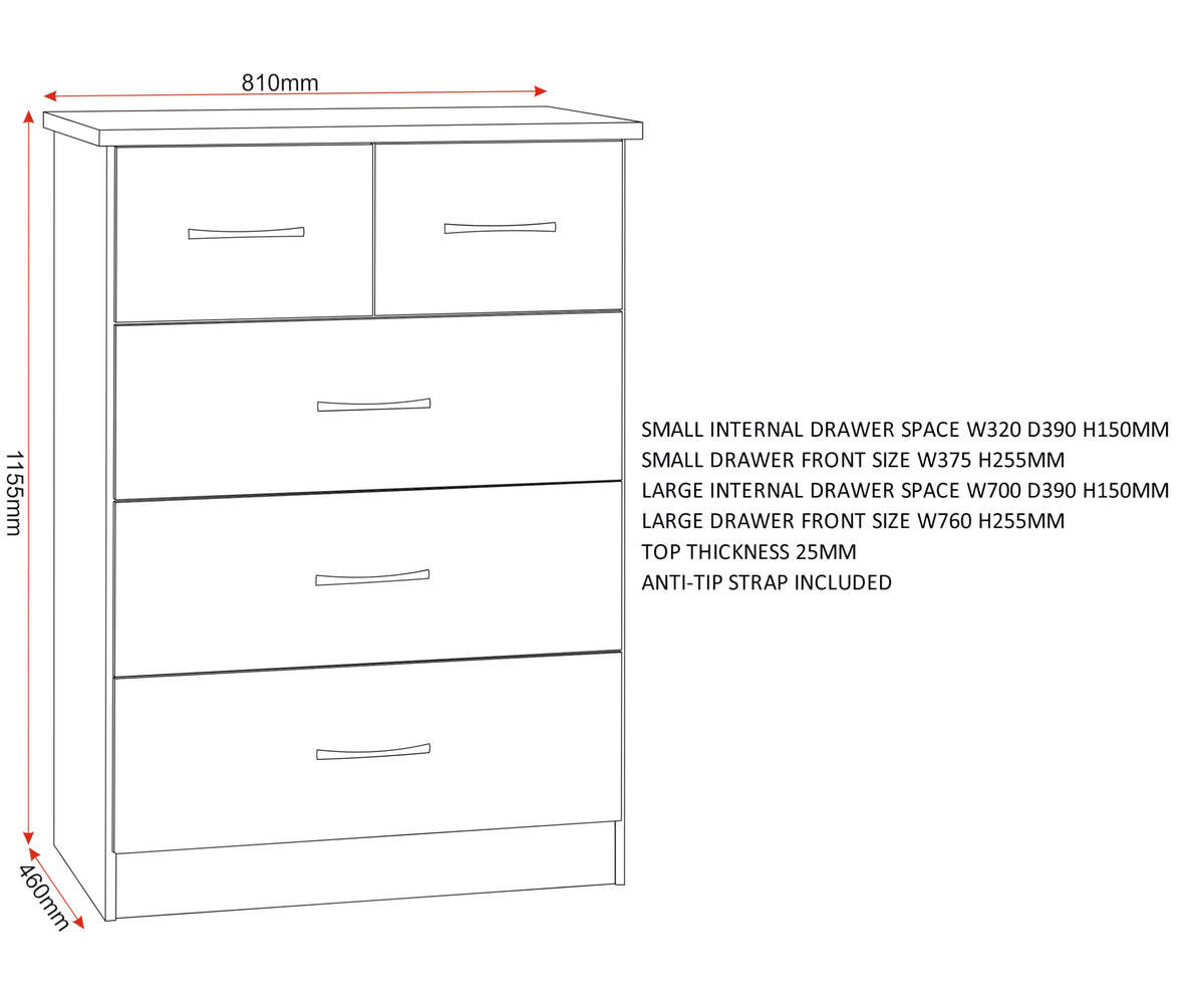 Kelsey Stores Nevada 3 Plus 2 Chest Of Drawers 5 Drawer Chest With Metal Handles