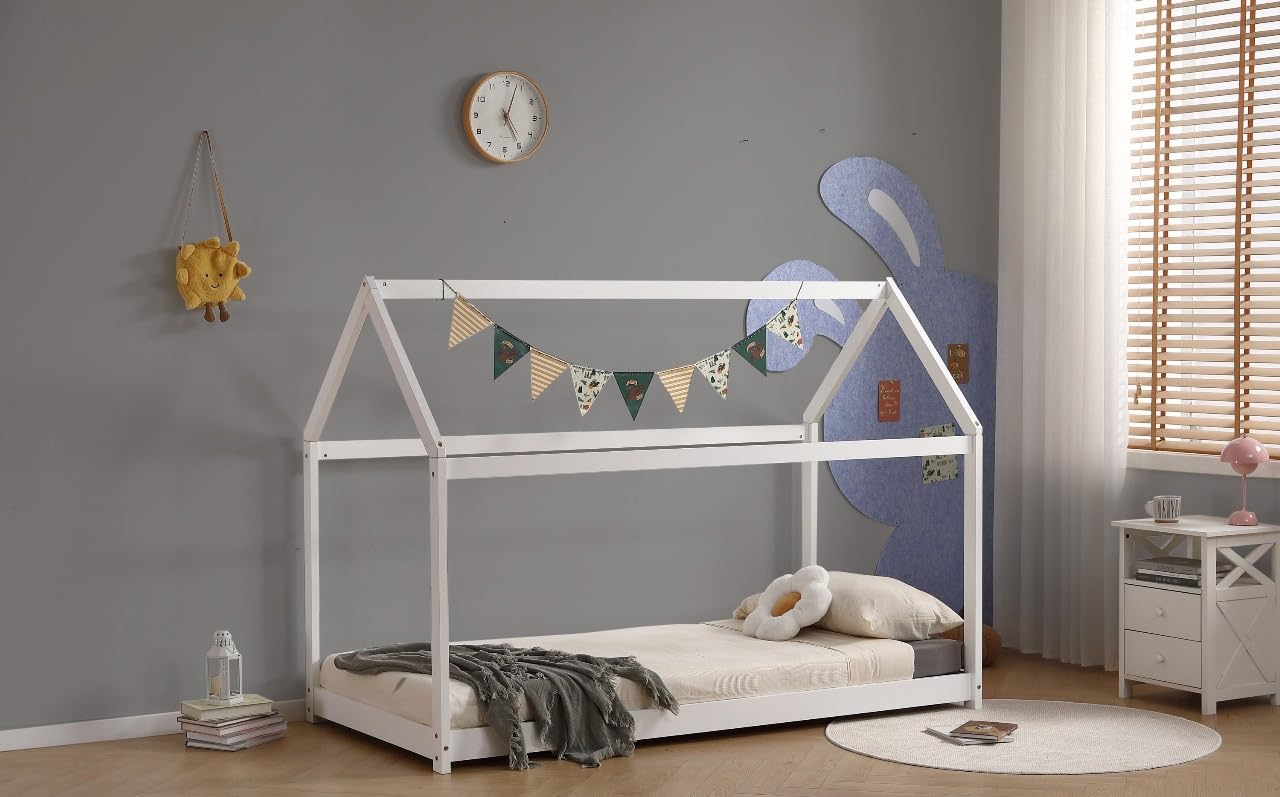 Ely Wooden Kids House Bed Frame, Solid Pine WoodTreehouse Style Childrens Floor Bed Frame for Toddlers and Children (White)