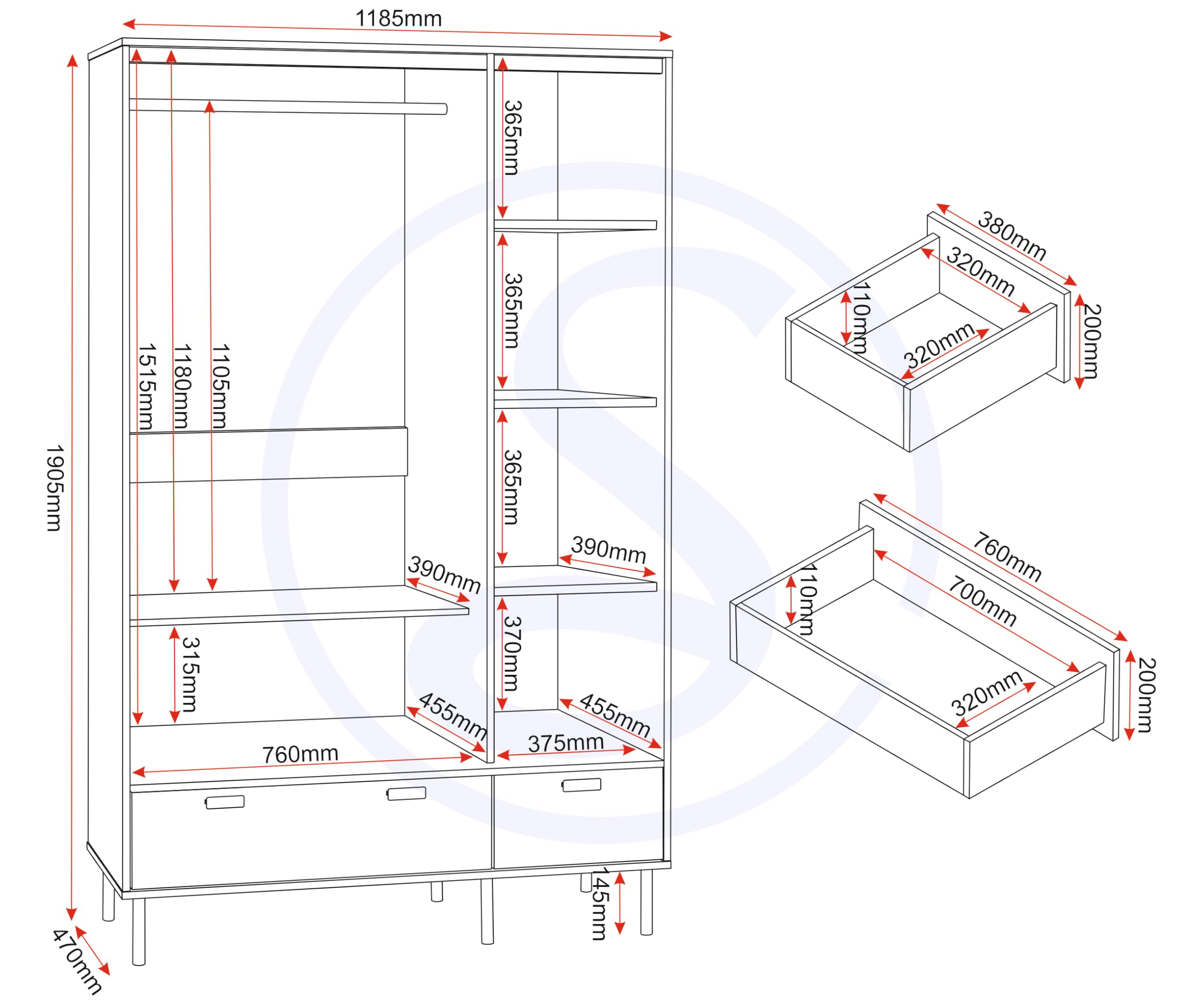 Seconique Leon 3 Door 2 Drawer Wardrobe in Medium Oak Effect