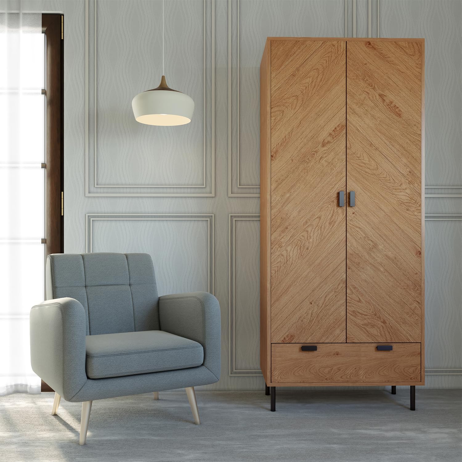 Seconique Leon 2 Door 1 Drawer Wardrobe in Medium Oak Effect