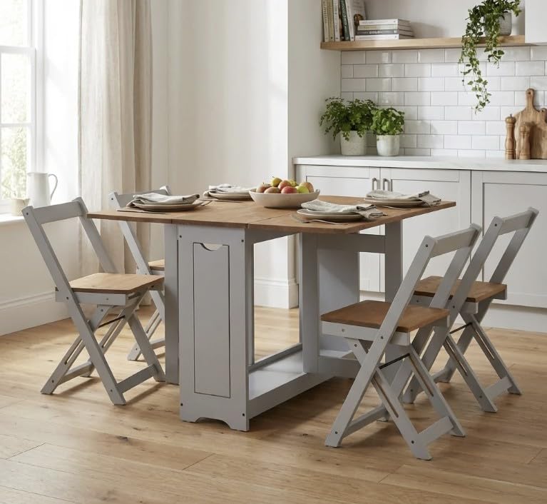 Furniture 321 Santos Folding Drop Leaf Butterfly Dining Set 4 Chairs In Grey and Pine