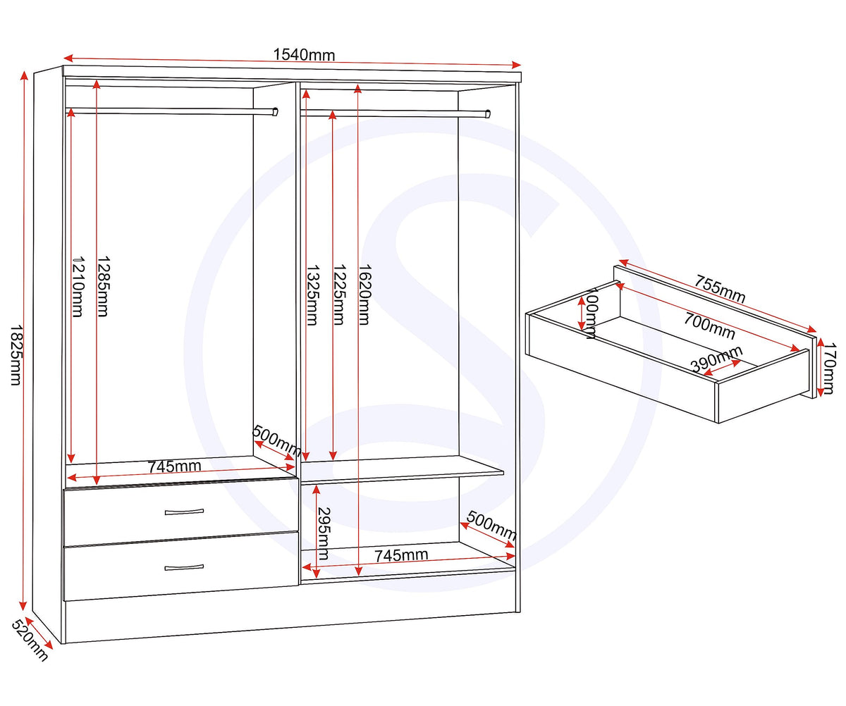 Seconique Nevada 4 Door 2 Drawer Mirrored Wardrobe in 3D Effect Grey
