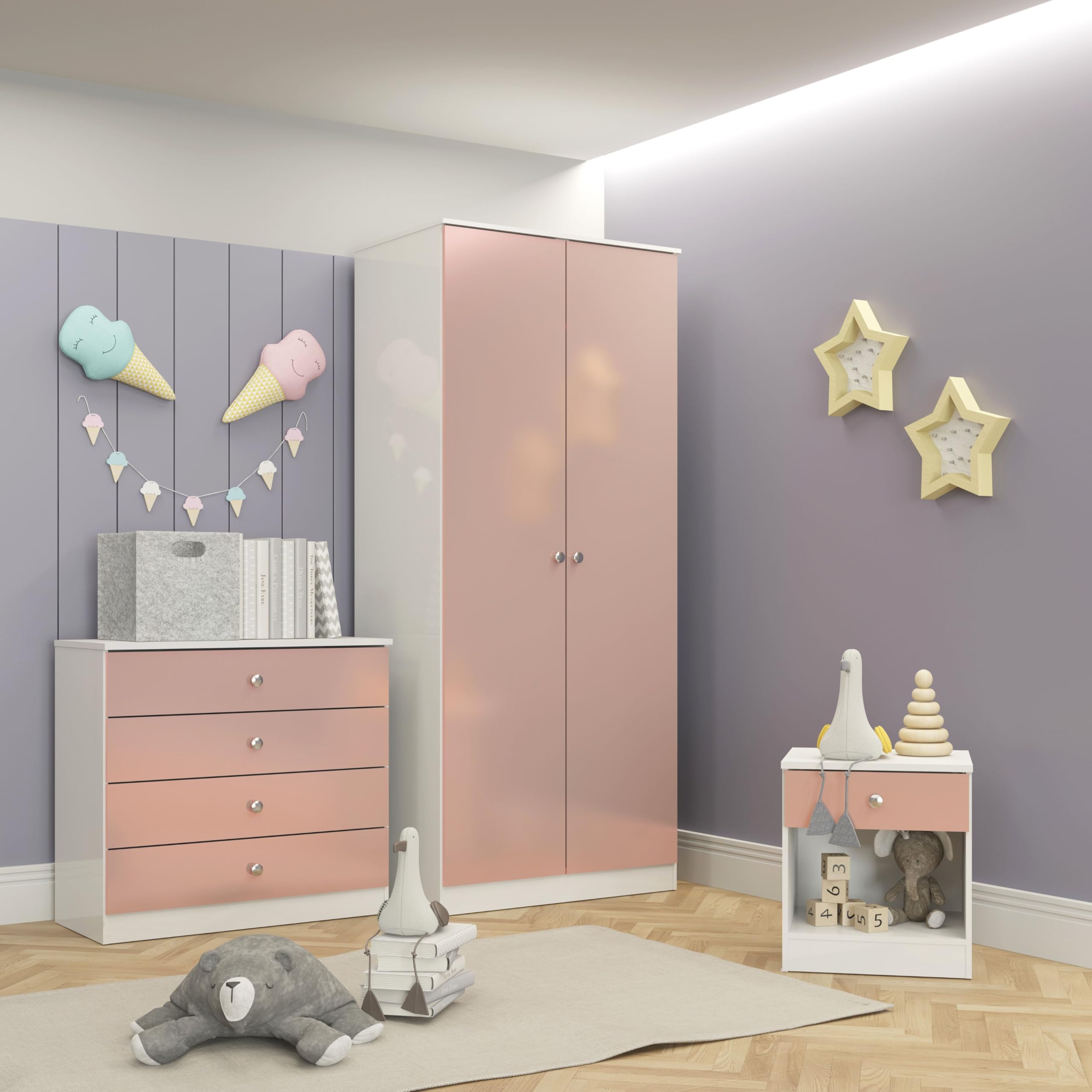 Denver Trio Children's Bedroom Furniture Set, 3 Piece, Wardrobe, Chest of Drawers and Bedside Table (White/Pink Gloss)