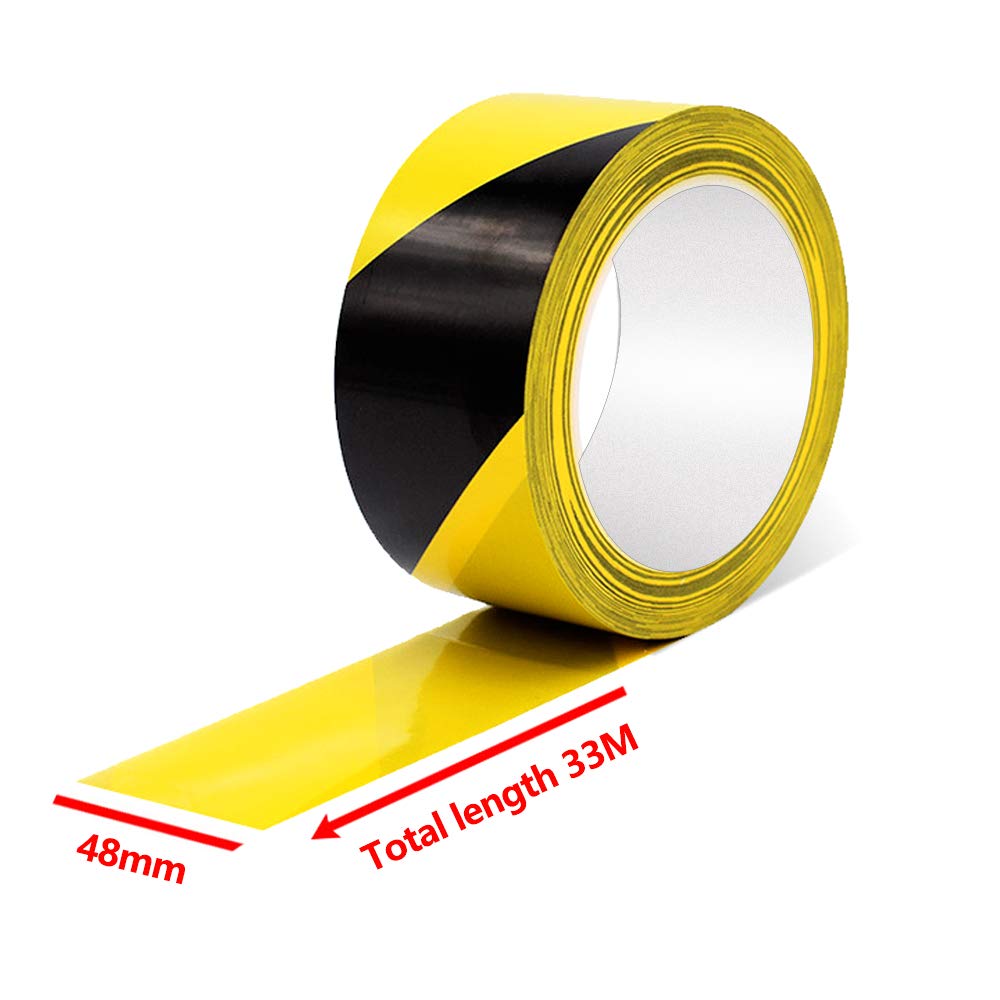 2 Rolls Caution Tape Black and Yellow, Strong Self Adhesive Floor Marking Caution Tape, Safety Social Distancing Barrier Tape, 48mmx33m