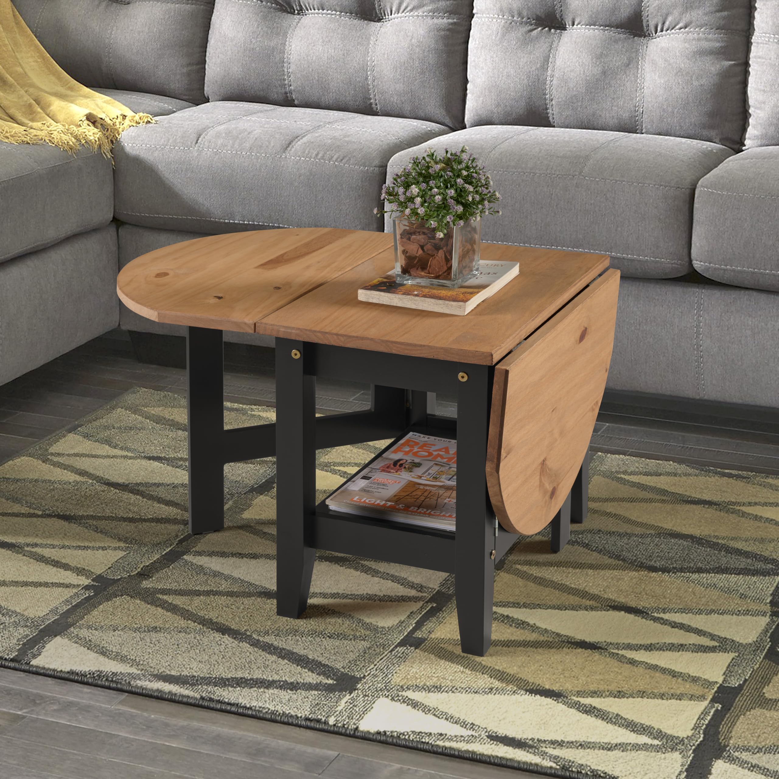 Seconique Santos Drop Leaf Coffee Table in Black/Distressed Waxed Pine