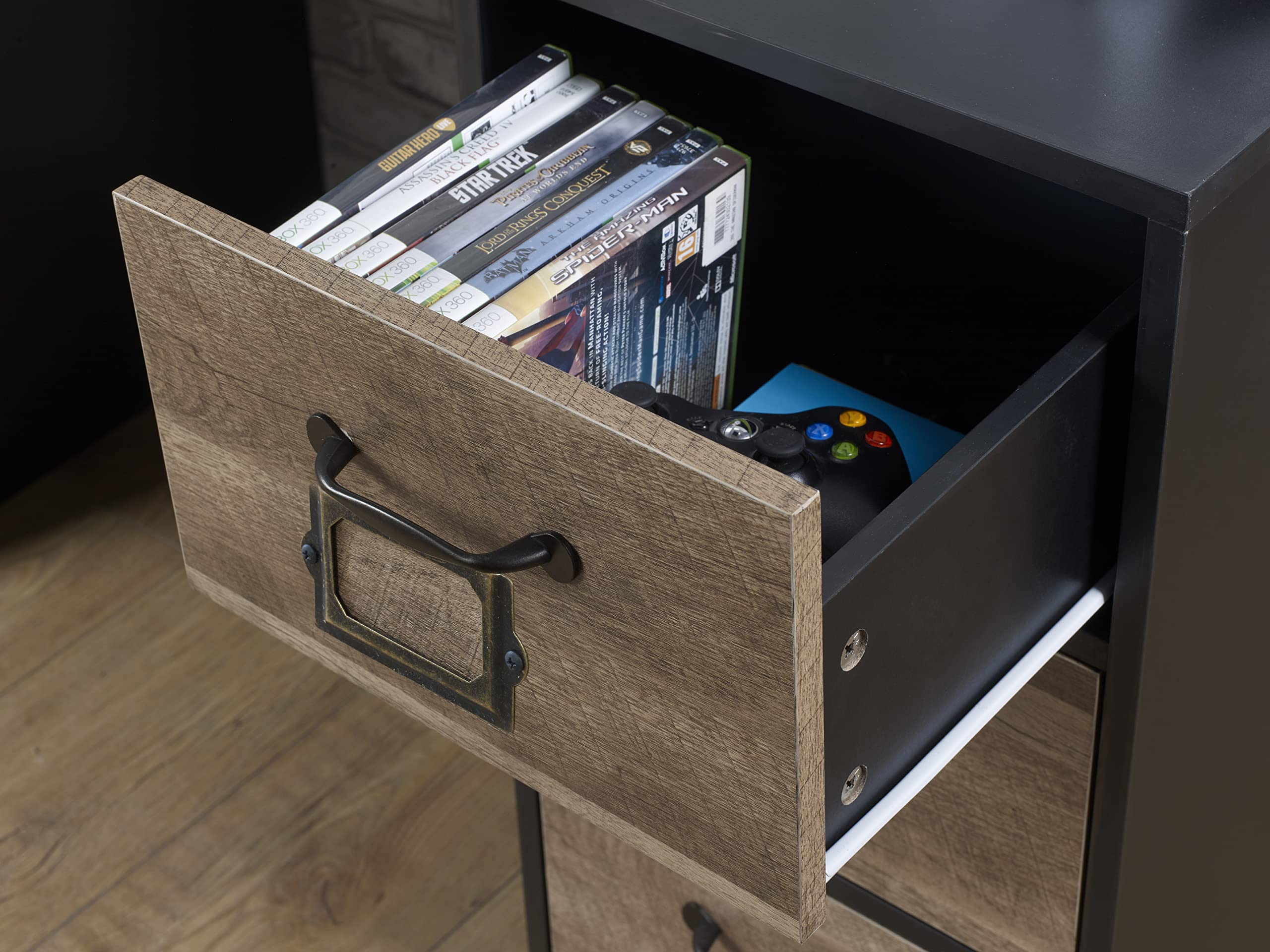 House & Homestyle Cambridge Black & Wood Effect 3 Drawer Office Desk - Retro Locker Design