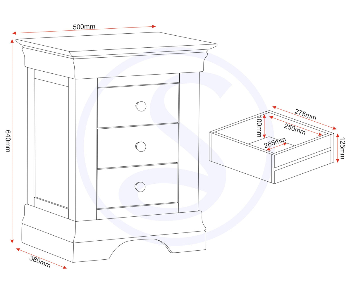 Seconique Bordeaux 3 Drawer Bedside