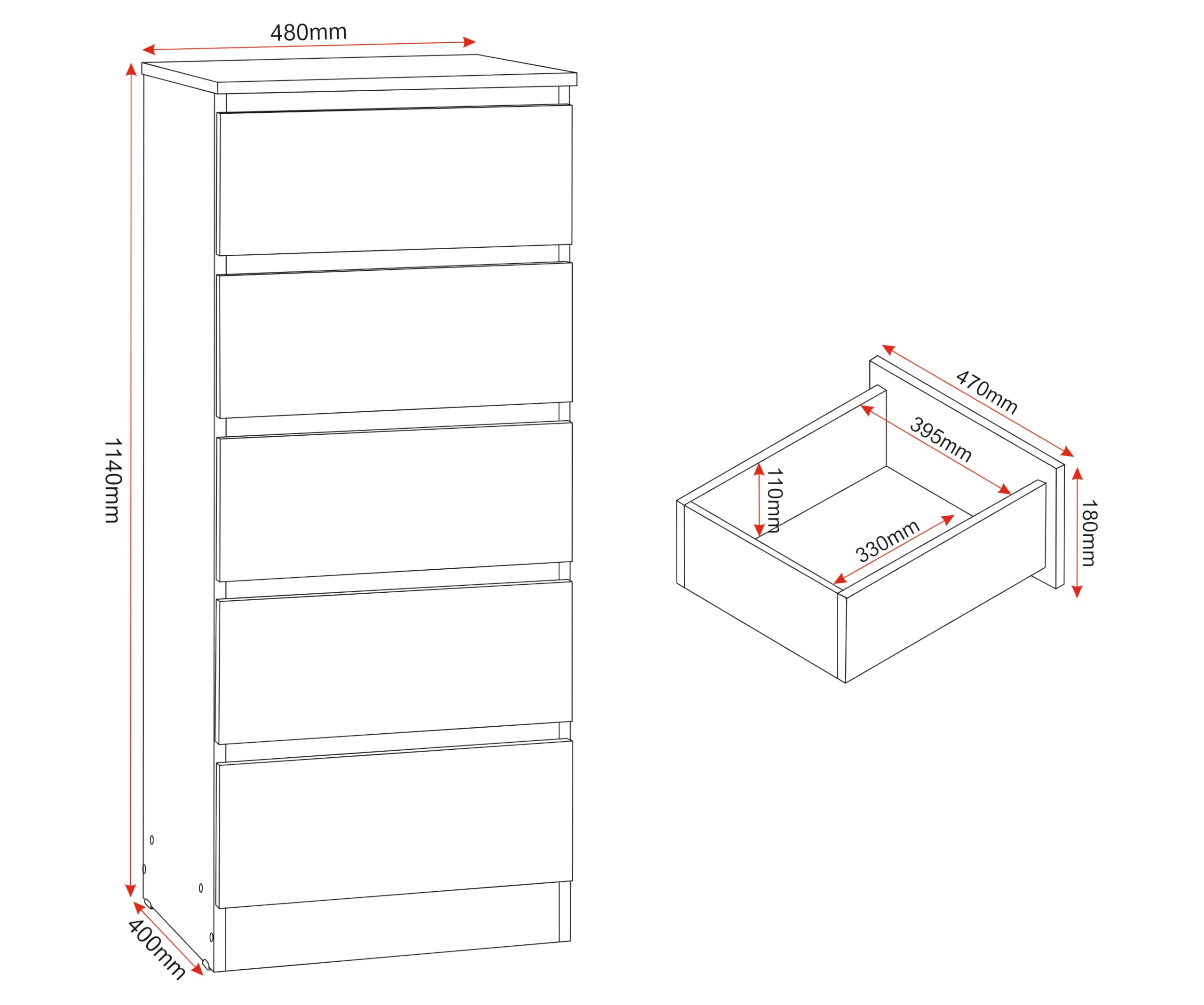 Seconique Malvern 5 Drawer Narrow Chest in Urban Snow