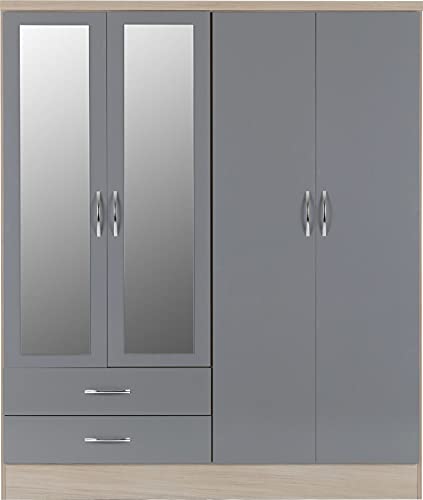 Furniture 321 Nevada 4 Door 2 Drawer Mirrored Wardrobe Grey Gloss, Light Oak Effect (No Delivery To Flats)
