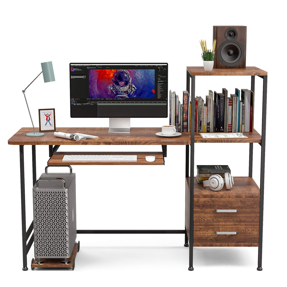 mecor Study Writing Computer Desk 55" with Drawers/Keyboard Tray/Storage Shelves, Modern Simple Style PC Desk Laptop Study Table Workstation for Home Office (Walnut Brown)