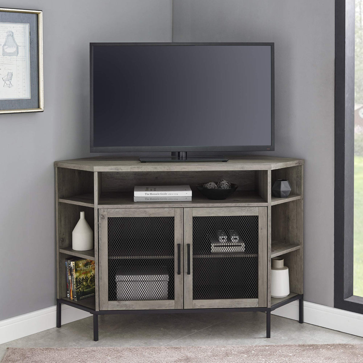 WE Furniture 48" Industrial Mesh Door Corner TV Console