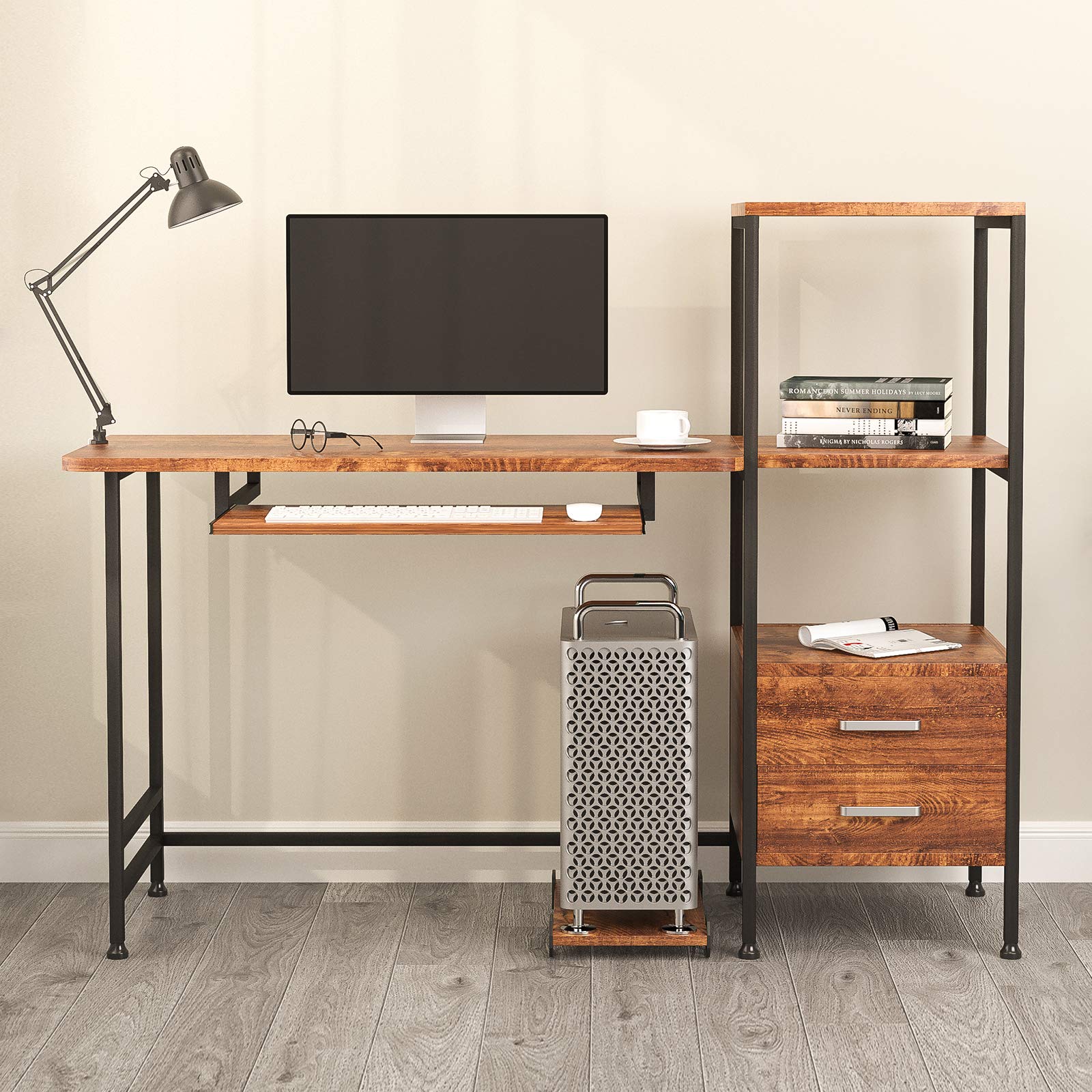 mecor Study Writing Computer Desk 55" with Drawers/Keyboard Tray/Storage Shelves, Modern Simple Style PC Desk Laptop Study Table Workstation for Home Office (Walnut Brown)