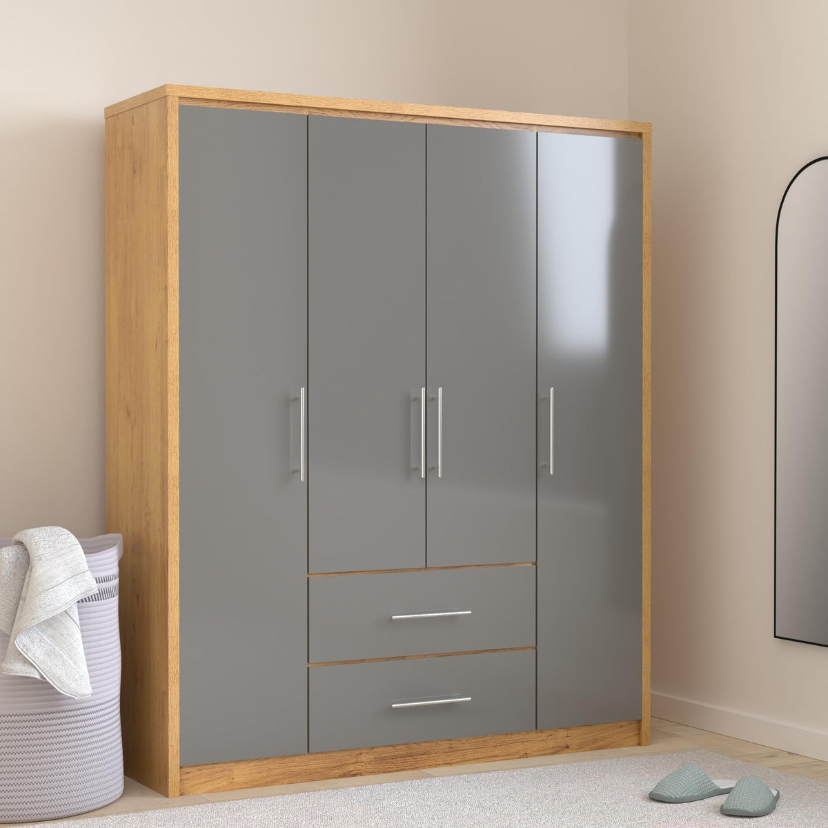 Furniture 321 Seville 4 Door 2 Drawer Wardrobe Grey High Gloss, Light Oak Effect Veneer (No Delivery To Flats)