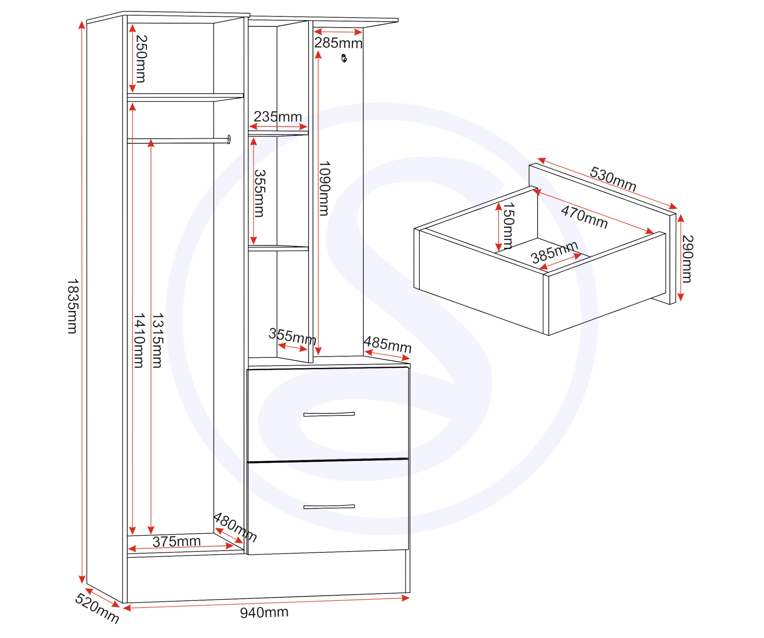 Seconique Nevada Mirrored Open Shelf Wardrobe in White Gloss
