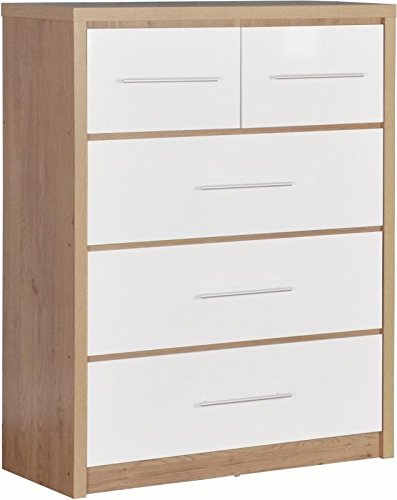 Xpress Delivery Seville 3+2 Drawer Chest in Light Oak Effect Veneer and White High Gloss