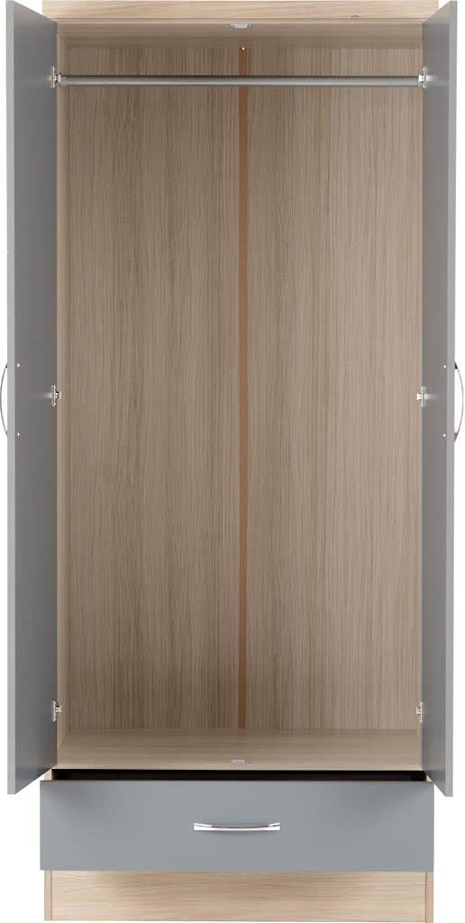 Furnisho Nevada 2 Door 1 Drawer Wardrobe Grey Gloss/Light Oak Effect Veneer