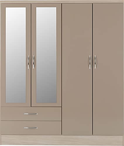 Furniture 321 Nevada 4 Door 2 Drawer Mirrored Wardrobe Oyster Gloss/Light Oak Effect (No Delivery To Flats)