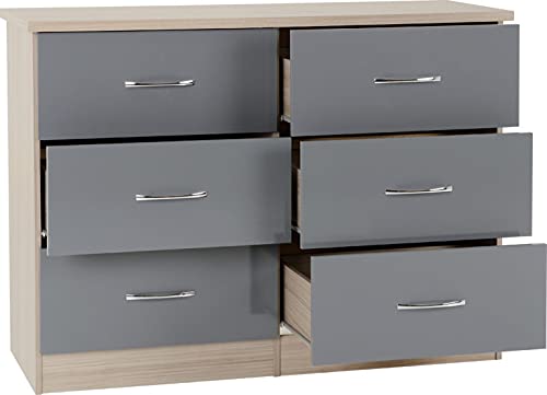 A T Seconique Nevada 6 Drawer Wide Chest in Grey Gloss/Light Oak Effect Veneer