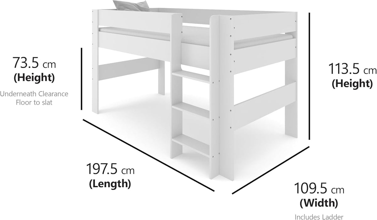 Single Mid-Sleeper Loft Cabin Bed in Surf White with Ladder and Under Storage, Solid Frame for Kids