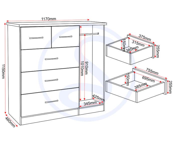 Kelsey Stores Nevada 5 Drawer 1 Door Low Wardrobe Chest With Metal Hanging And Metal Handles