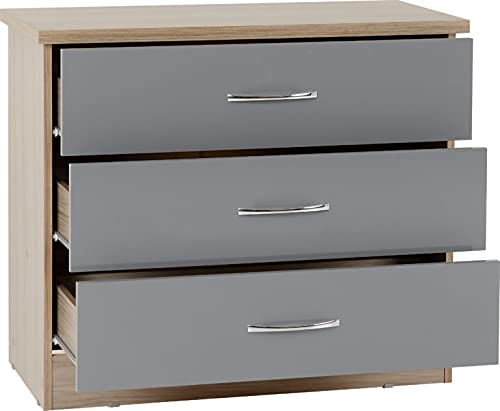 A T Seconique Nevada Metal Handle 3 Drawer Chest in Grey Gloss/Light Oak Effect Veneer