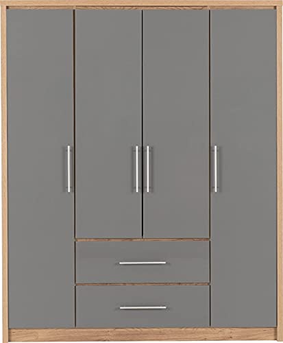 Furniture 321 Seville 4 Door 2 Drawer Wardrobe Grey High Gloss, Light Oak Effect Veneer (No Delivery To Flats)