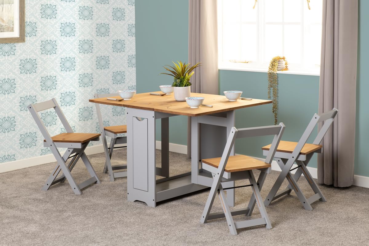 Furniture 321 Santos Folding Drop Leaf Butterfly Dining Set 4 Chairs In Grey and Pine